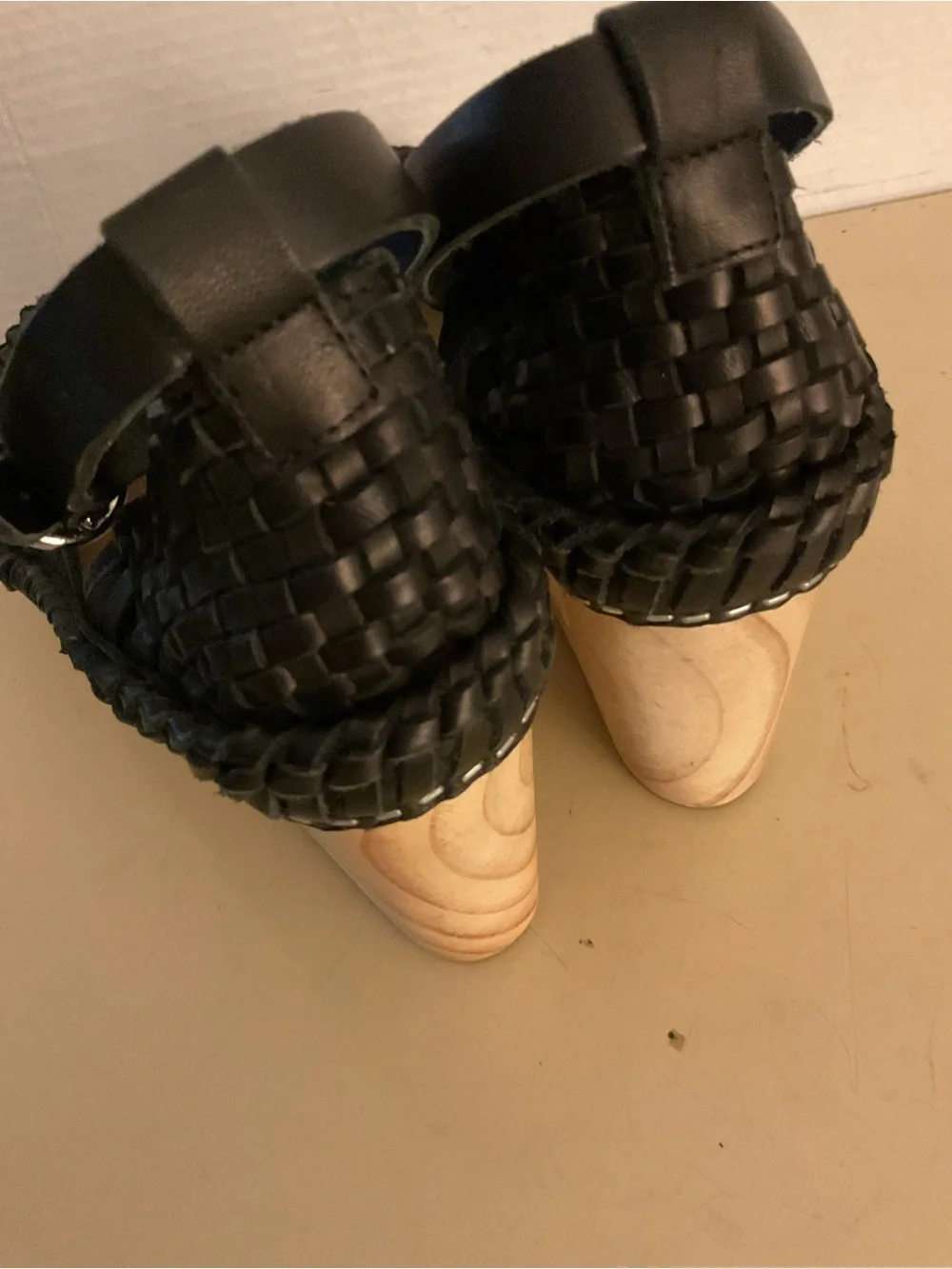 Free People women Black leather Woven Ankle-Strap Platform Wedges sandals US 8